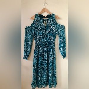 NWT Michael Kors Cold Shoulder Animal Print Party Dress Dk Peacock S